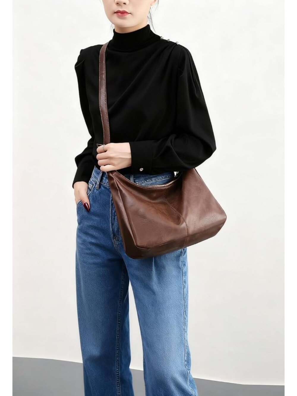 Hobo Bags for Women Retro Vegan Leather Shoulder Handbag Foldable Slouchy Tote C - Picture 3 of 7